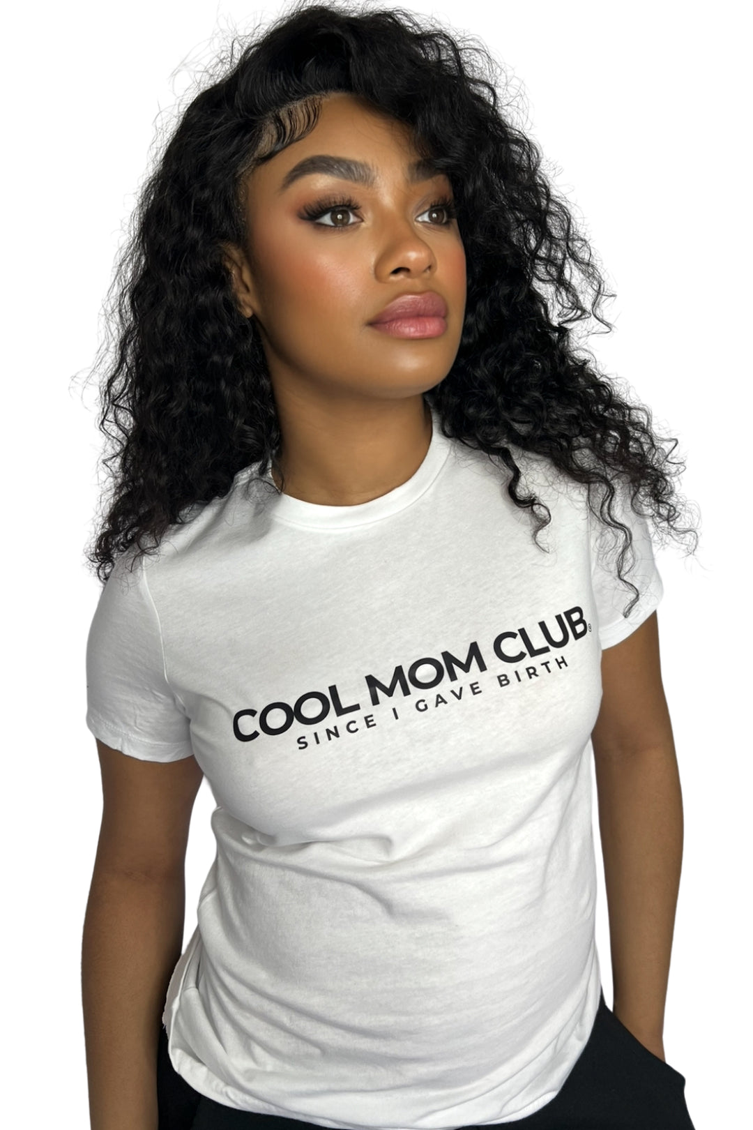Cool Mom Since I Gave Birth in Black tee on a model