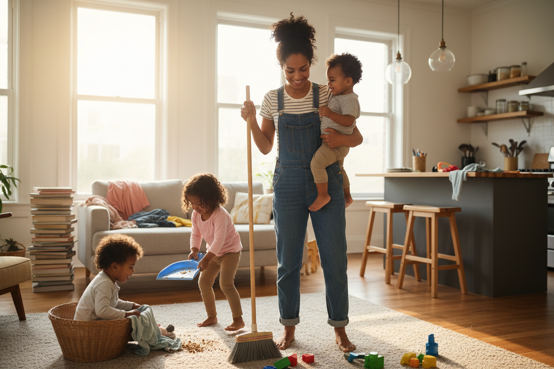 a mom that is cleaning up a mess that her child made and tending to their needs