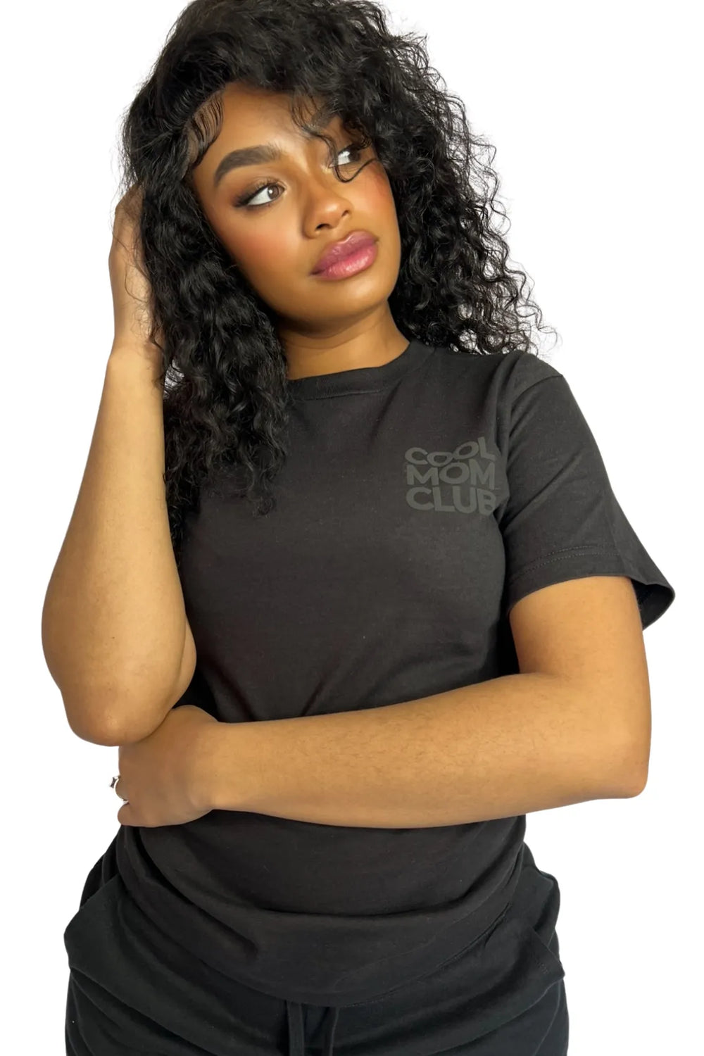 Cool Mom Club Tee Black & Black on a model in front