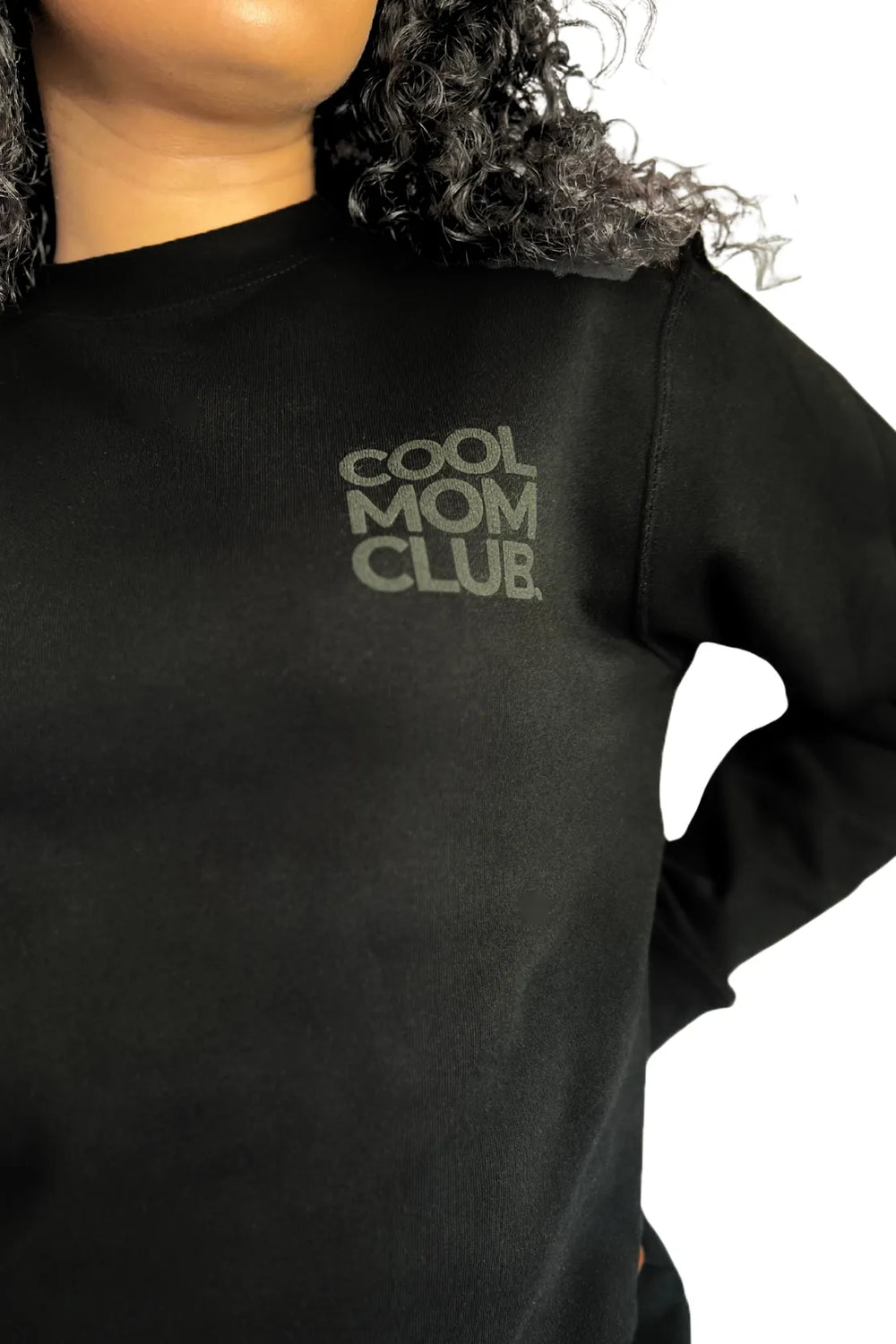 Cool Mom Club Crewneck Black on a model closeup