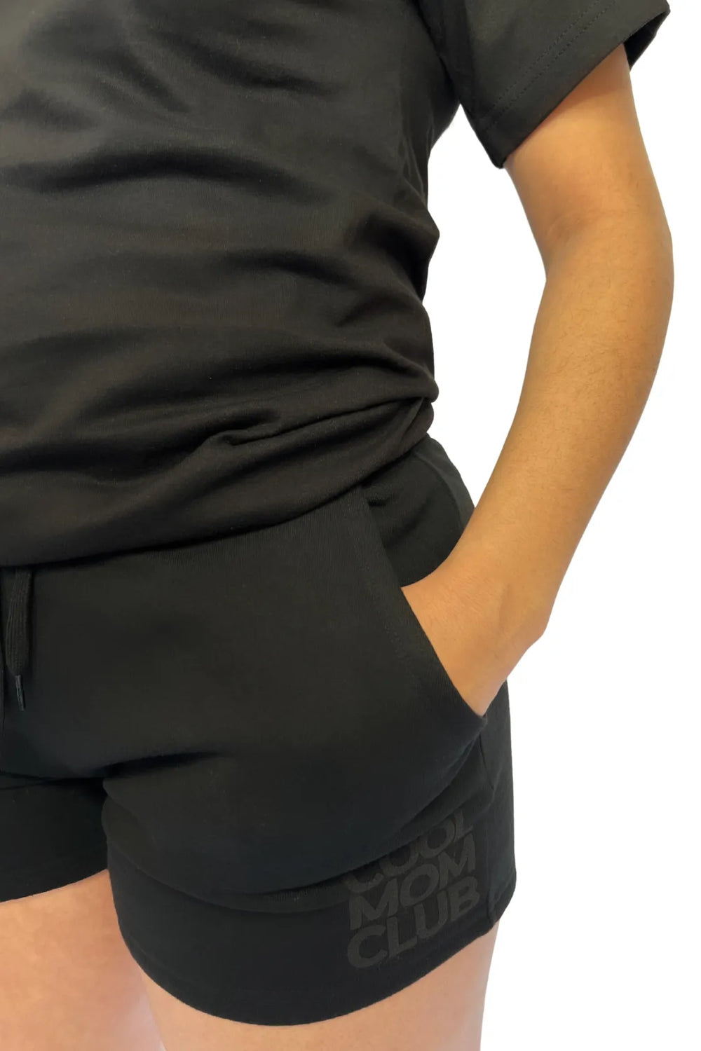 Cool Mom Club Shorts Black & Black on a model in front