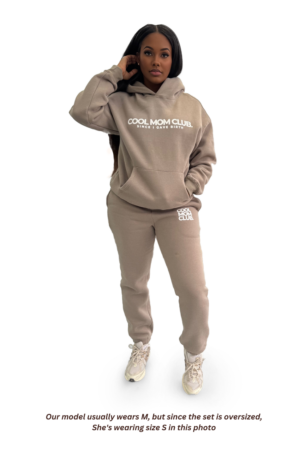 Cool Mom Club Set in Nude color an Essential Sweatpants & Hoodie Set on a model front