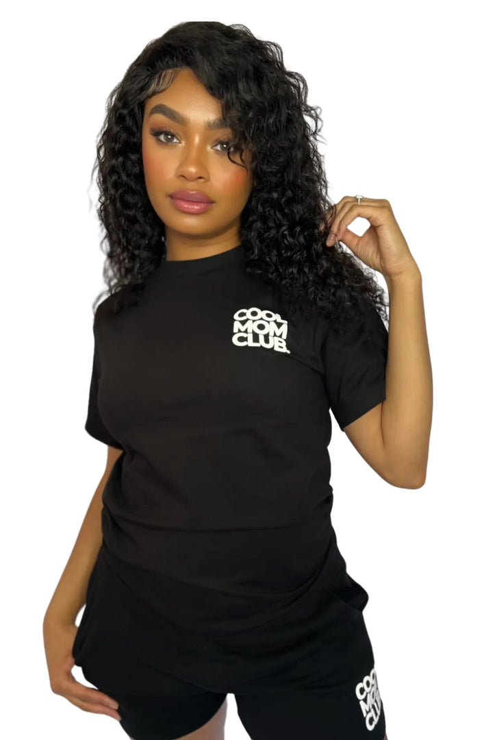 Cool Mom Club Tee Black & White on a model standing 